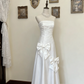 Pretty A Line Strapless White Satin Bow Long Prom Dress, Evening Dress C6162