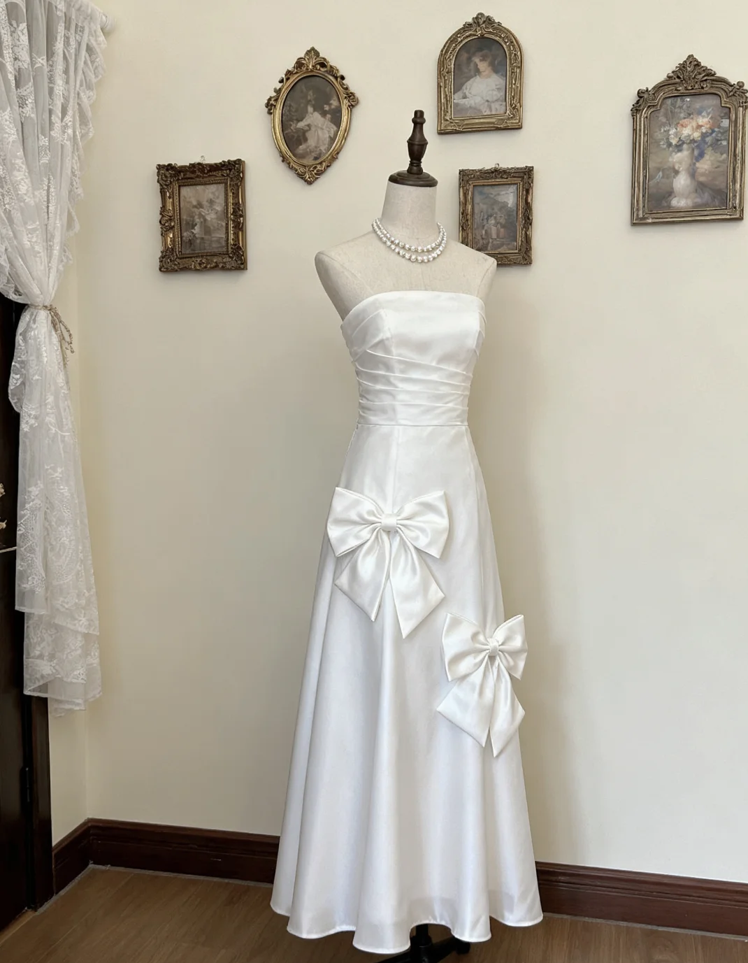 Pretty A Line Strapless White Satin Bow Long Prom Dress, Evening Dress C6162