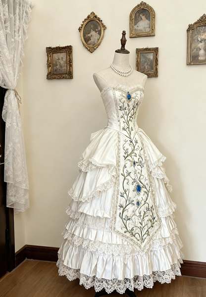 Vintage Ball Gown Sweetheart Tiered Satin Lace Flower Long Prom Dress, Evening Dress C6163