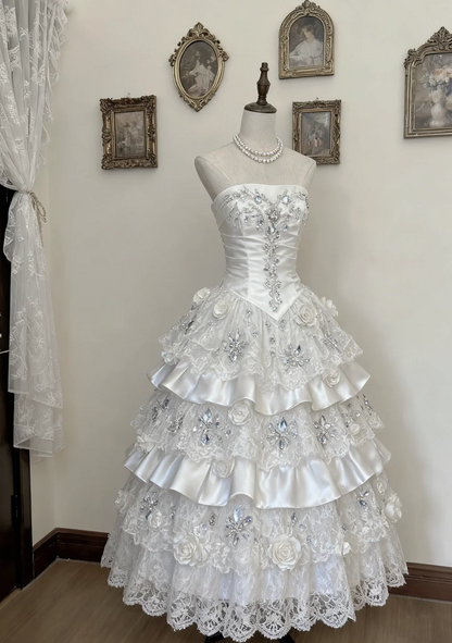 Princess Ball Gown Strapless Tiered Satin Lace Beaded Long Prom Dress, Evening Dress C6164