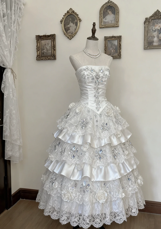 Princess Ball Gown Strapless Tiered Satin Lace Beaded Long Prom Dress, Evening Dress C6164