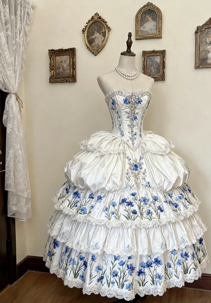 Unique Ball Gown Sweetheart Tiered Satin Lace Floral Beaded Long Prom Dress, Evening Dress C6165