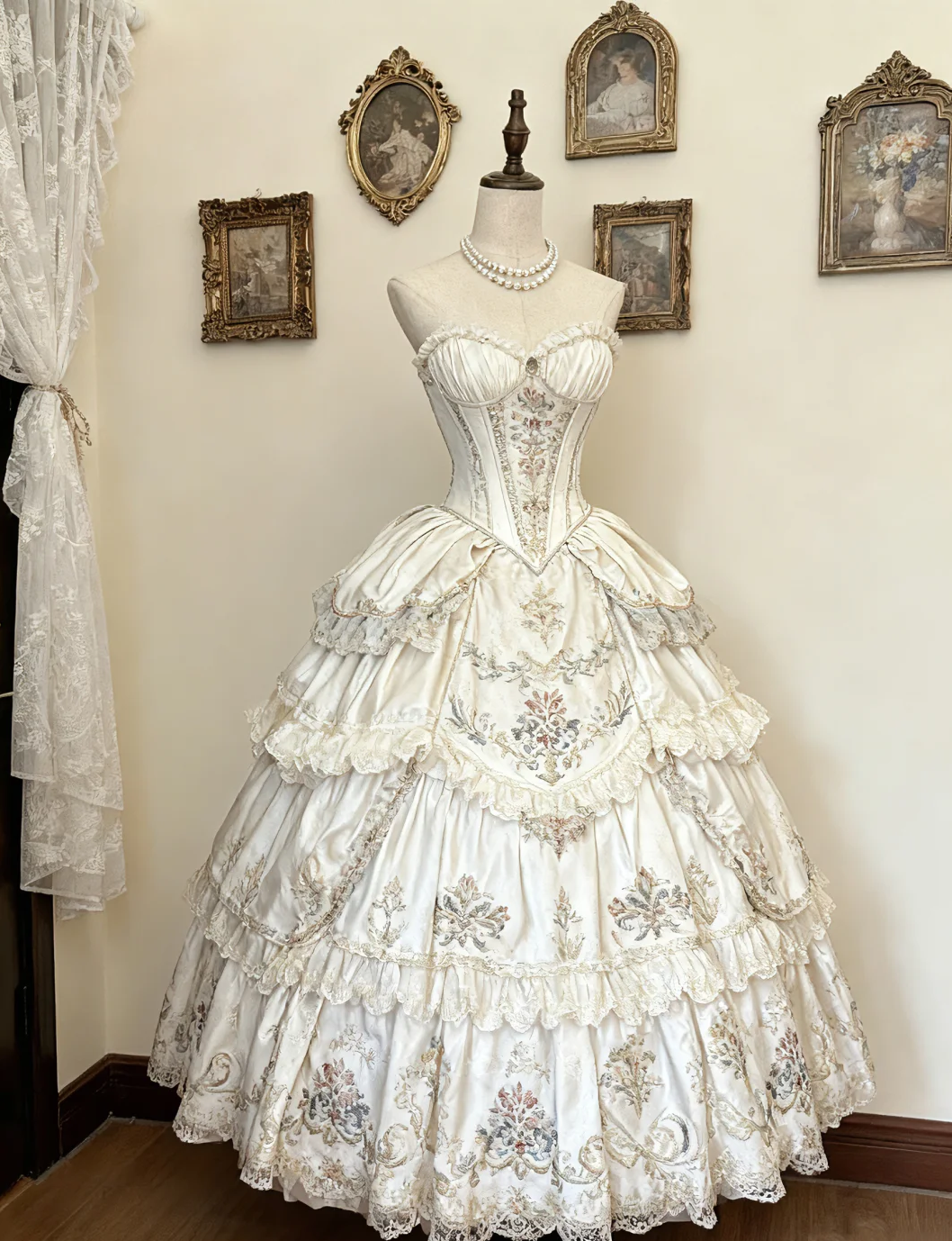 Retro Ball Gown Sweetheart Tiered Satin Lace Floral Long Prom Dress, E ...