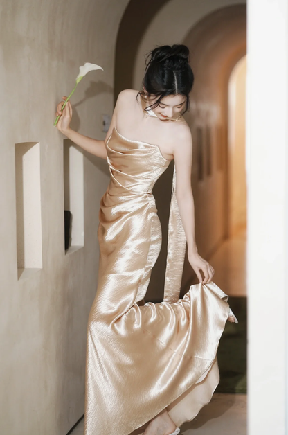 Classy Mermaid Strapless Satin Long Prom Dress, Evening Dress C6168