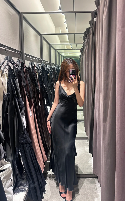 Charming Mermaid Spaghetti Straps Black Satin Backless Long Prom Dress, Evening Dress C6171