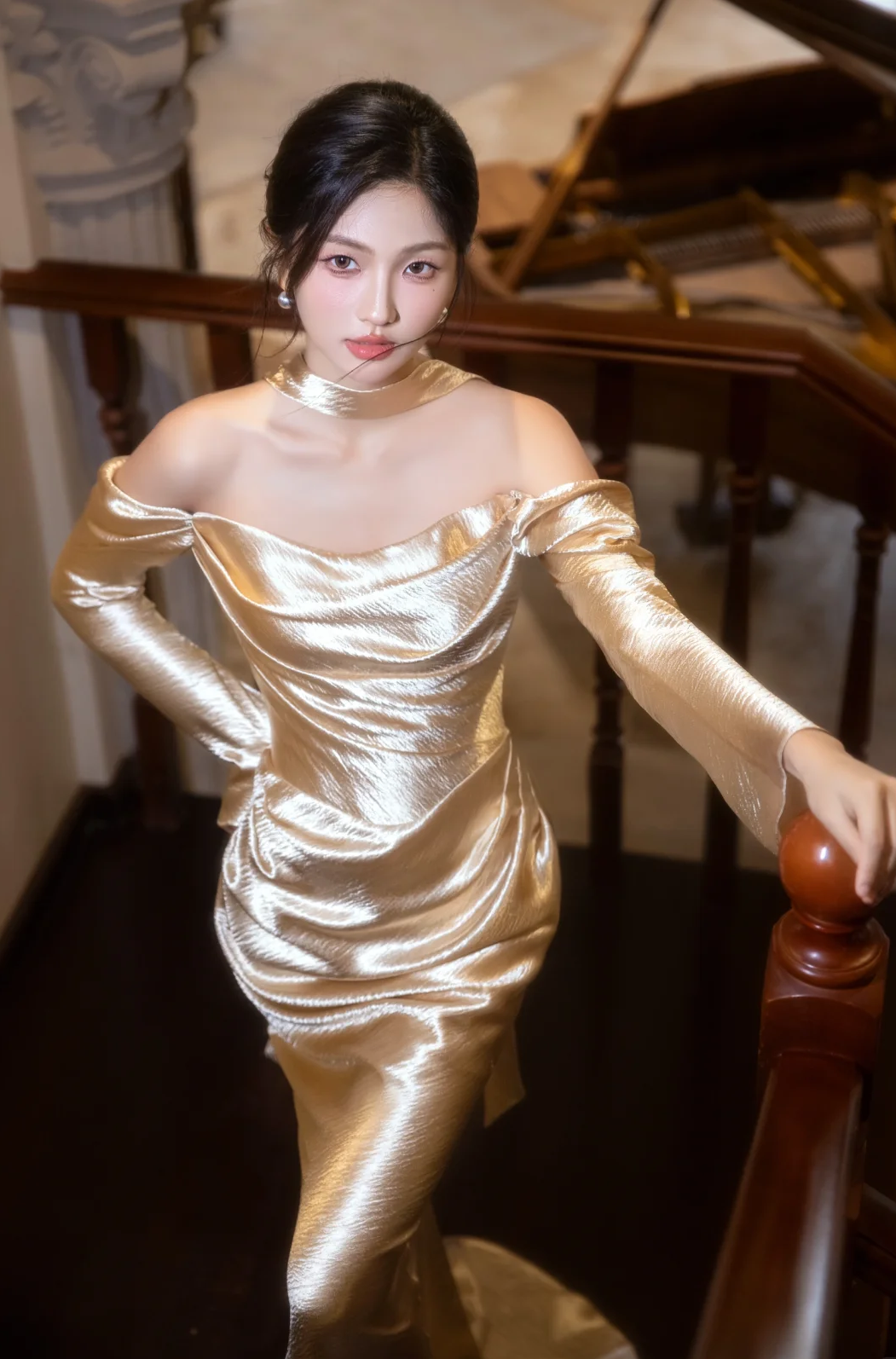 Graceful Mermaid Off The Shoulder Satin With Long Sleeves Long Prom Dress, Evening Dress C6172