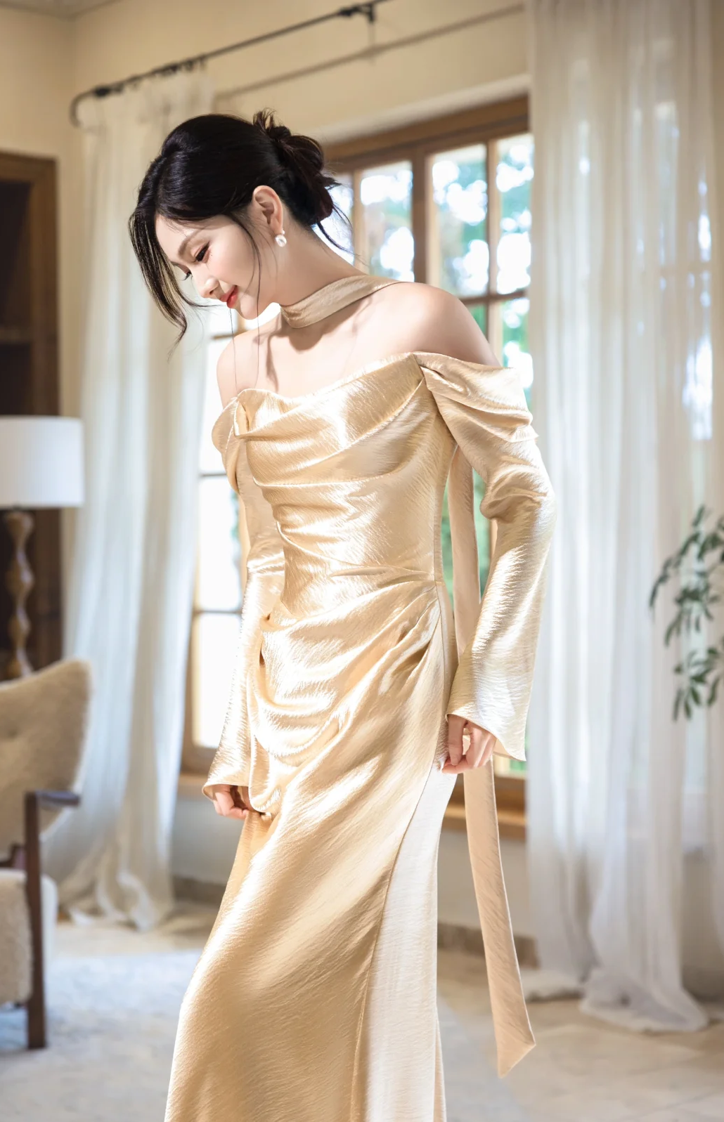 Graceful Mermaid Off The Shoulder Satin With Long Sleeves Long Prom Dress, Evening Dress C6172