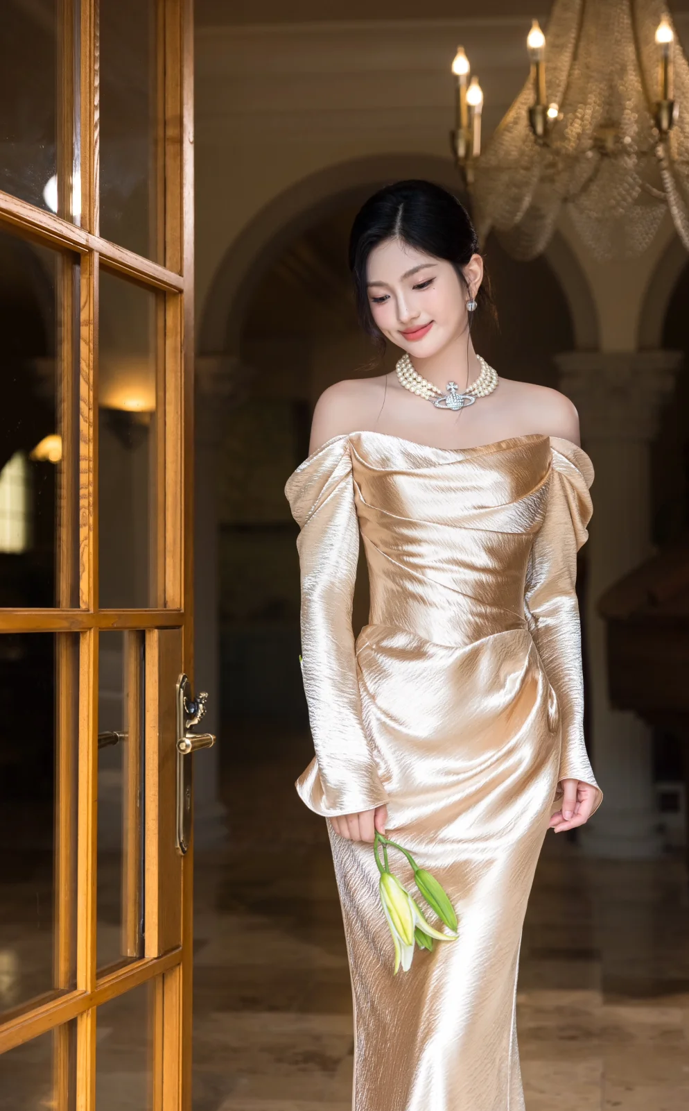 Graceful Mermaid Off The Shoulder Satin With Long Sleeves Long Prom Dress, Evening Dress C6172