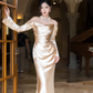 Graceful Mermaid Off The Shoulder Satin With Long Sleeves Long Prom Dress, Evening Dress C6172