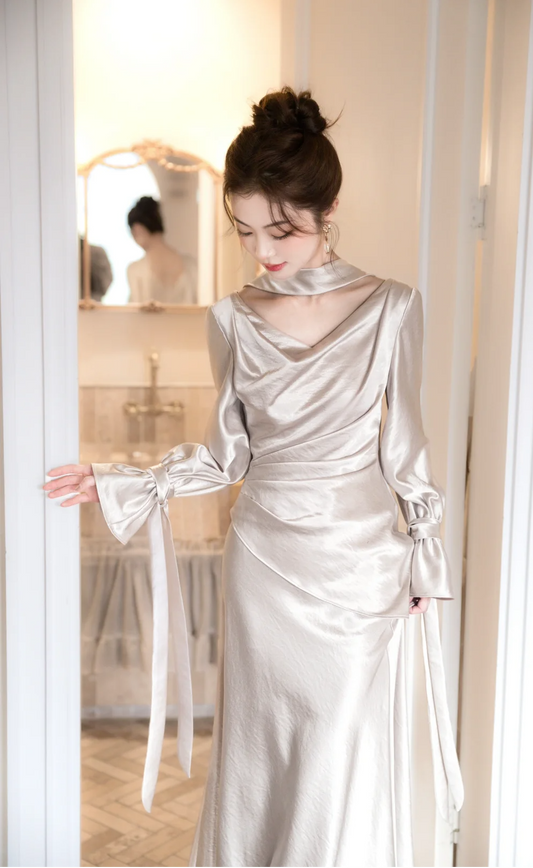 Classy Mermaid V Neck Satin With Long Sleeves Long Prom Dress, Evening Dress C6173