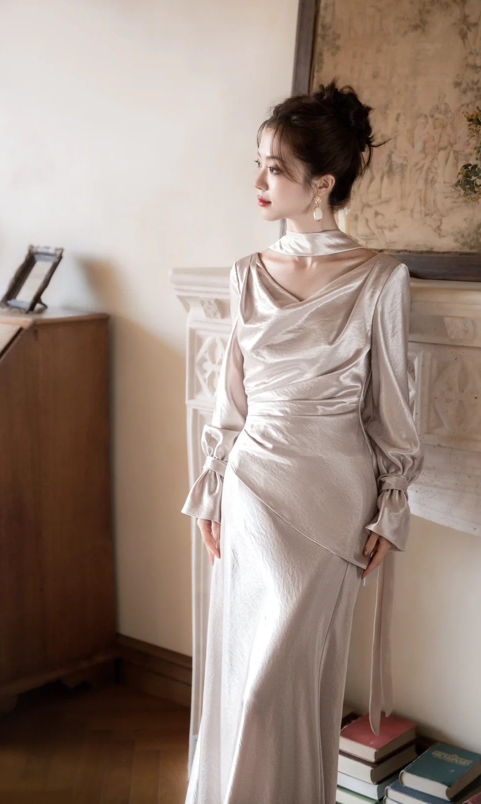 Classy Mermaid V Neck Satin With Long Sleeves Long Prom Dress, Evening Dress C6173