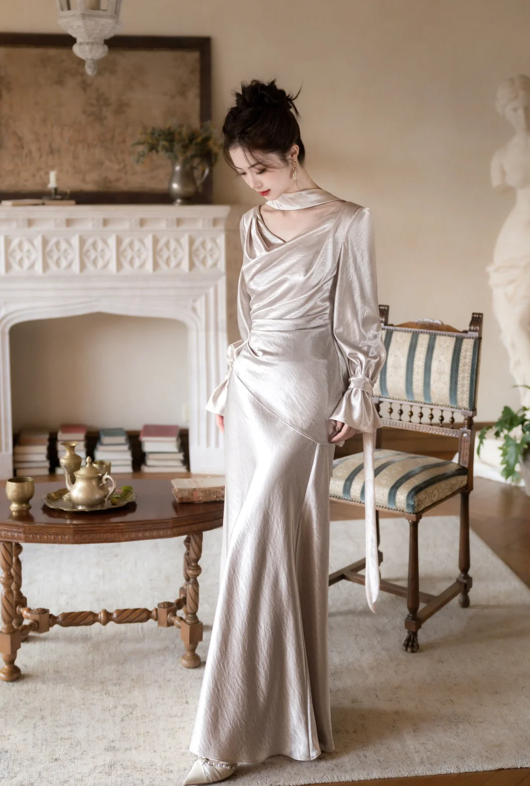 Classy Mermaid V Neck Satin With Long Sleeves Long Prom Dress, Evening Dress C6173