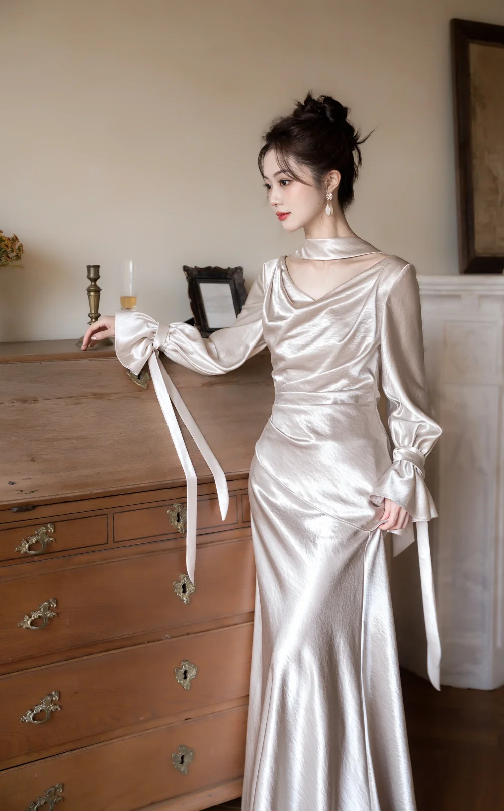 Classy Mermaid V Neck Satin With Long Sleeves Long Prom Dress, Evening Dress C6173