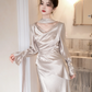 Classy Mermaid V Neck Satin With Long Sleeves Long Prom Dress, Evening Dress C6173