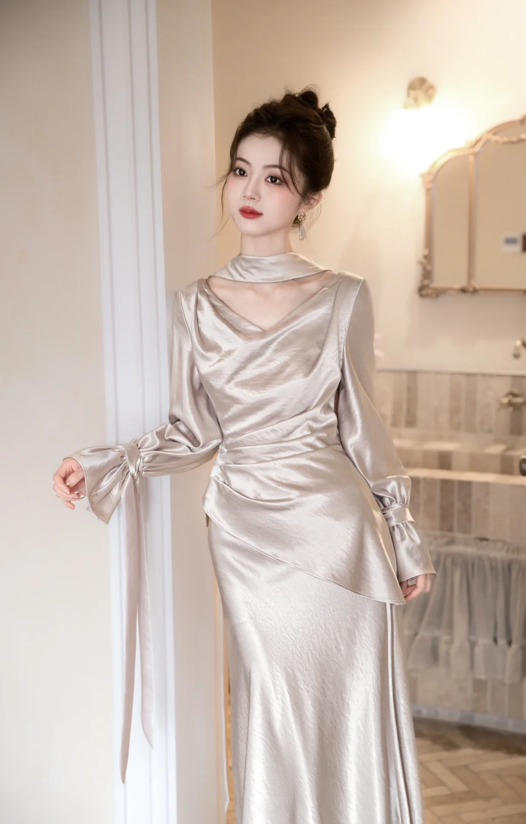 Classy Mermaid V Neck Satin With Long Sleeves Long Prom Dress, Evening Dress C6173