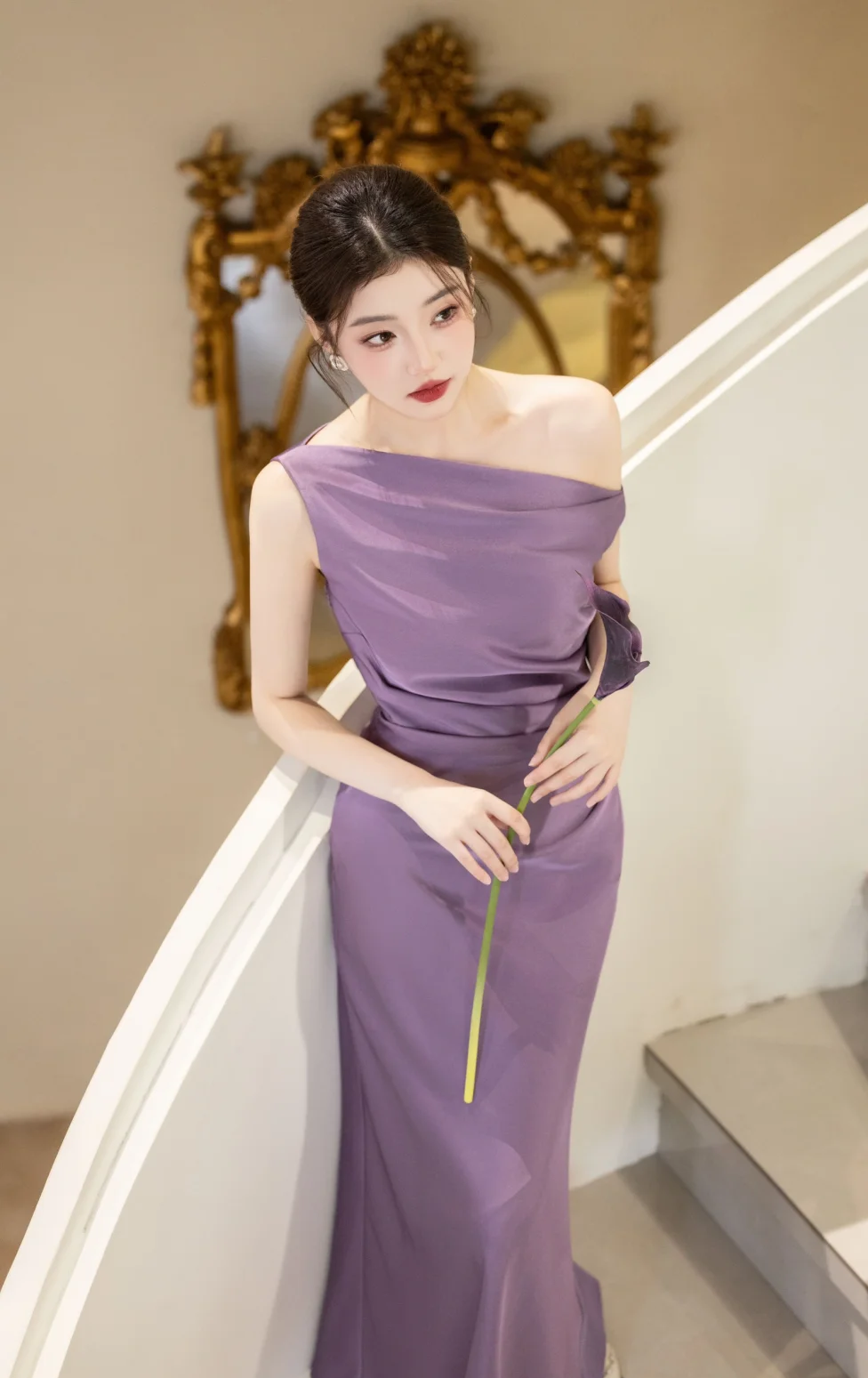 Modest Mermaid Off The Shoulder Lilac Satin Long Prom Dress, Evening Dress C6174