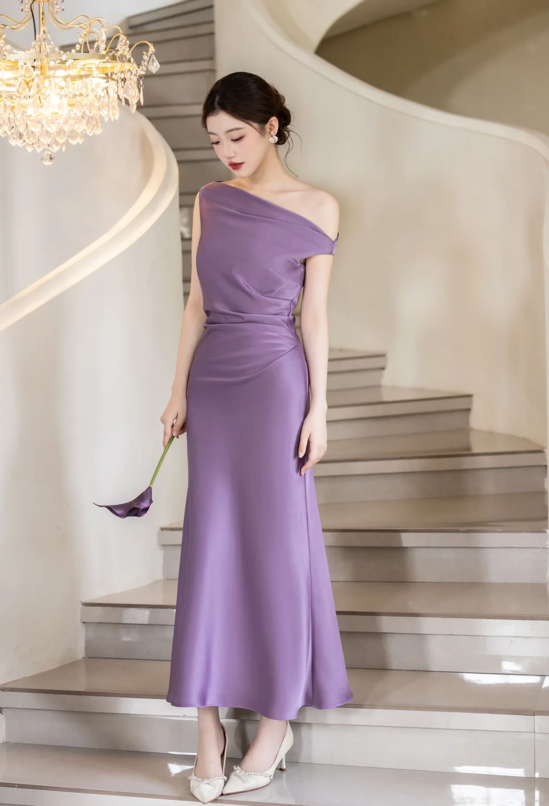 Modest Mermaid Off The Shoulder Lilac Satin Long Prom Dress, Evening Dress C6174