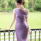Modest Mermaid Off The Shoulder Lilac Satin Long Prom Dress, Evening Dress C6174