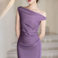 Modest Mermaid Off The Shoulder Lilac Satin Long Prom Dress, Evening Dress C6174