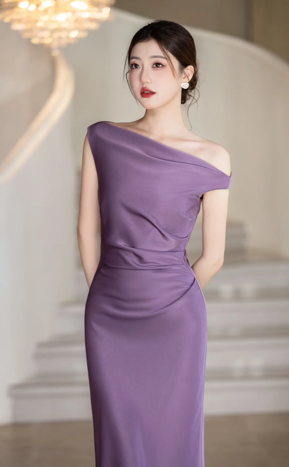 Modest Mermaid Off The Shoulder Lilac Satin Long Prom Dress, Evening Dress C6174