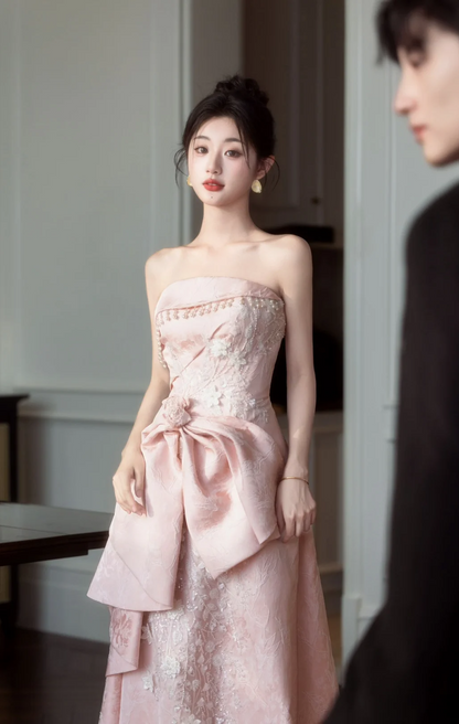 Gorgeous A Line Strapless Satin Lace Long Prom Dress, Evening Dress C6175