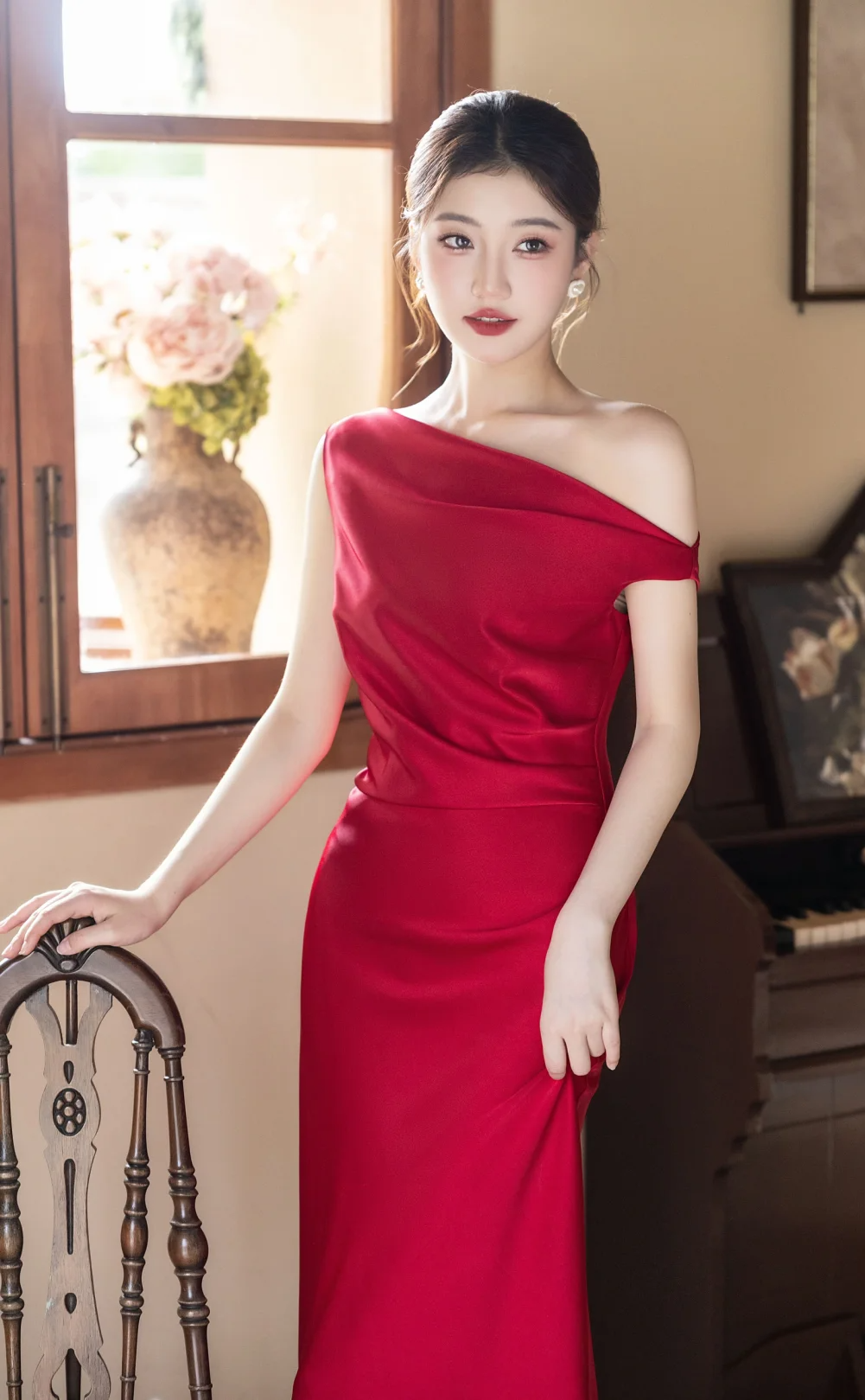Classy Burgundy Mermaid Off The Shoulder Satin Long Prom Dress, Evening Dress C6176