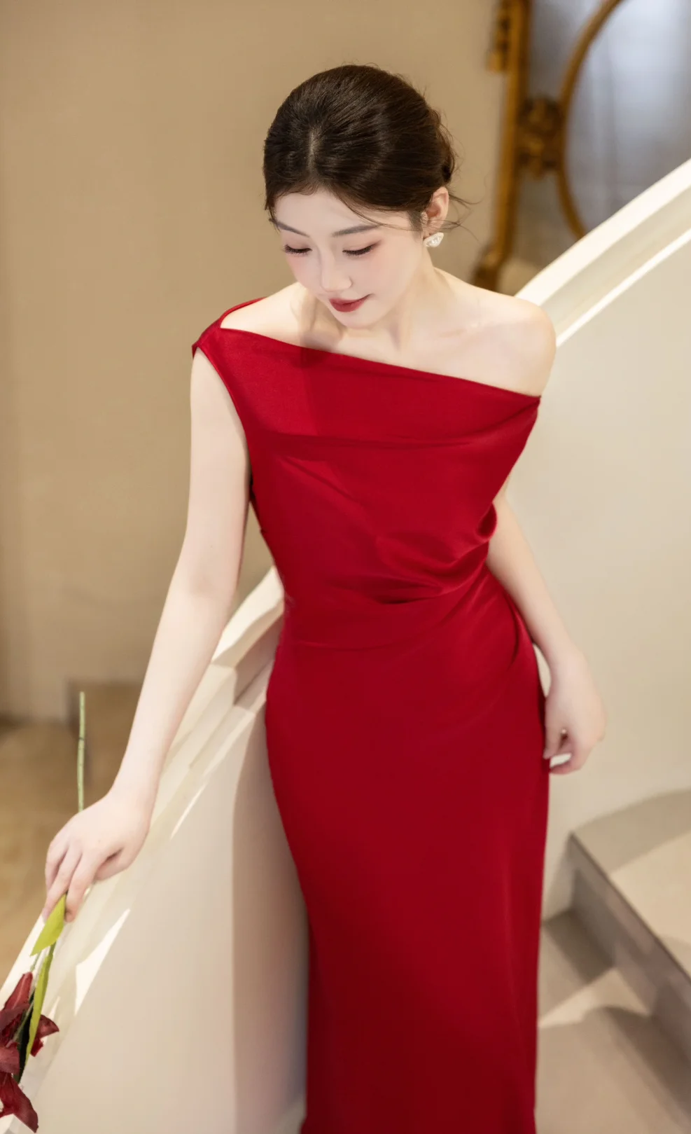 Classy Burgundy Mermaid Off The Shoulder Satin Long Prom Dress, Evening Dress C6176