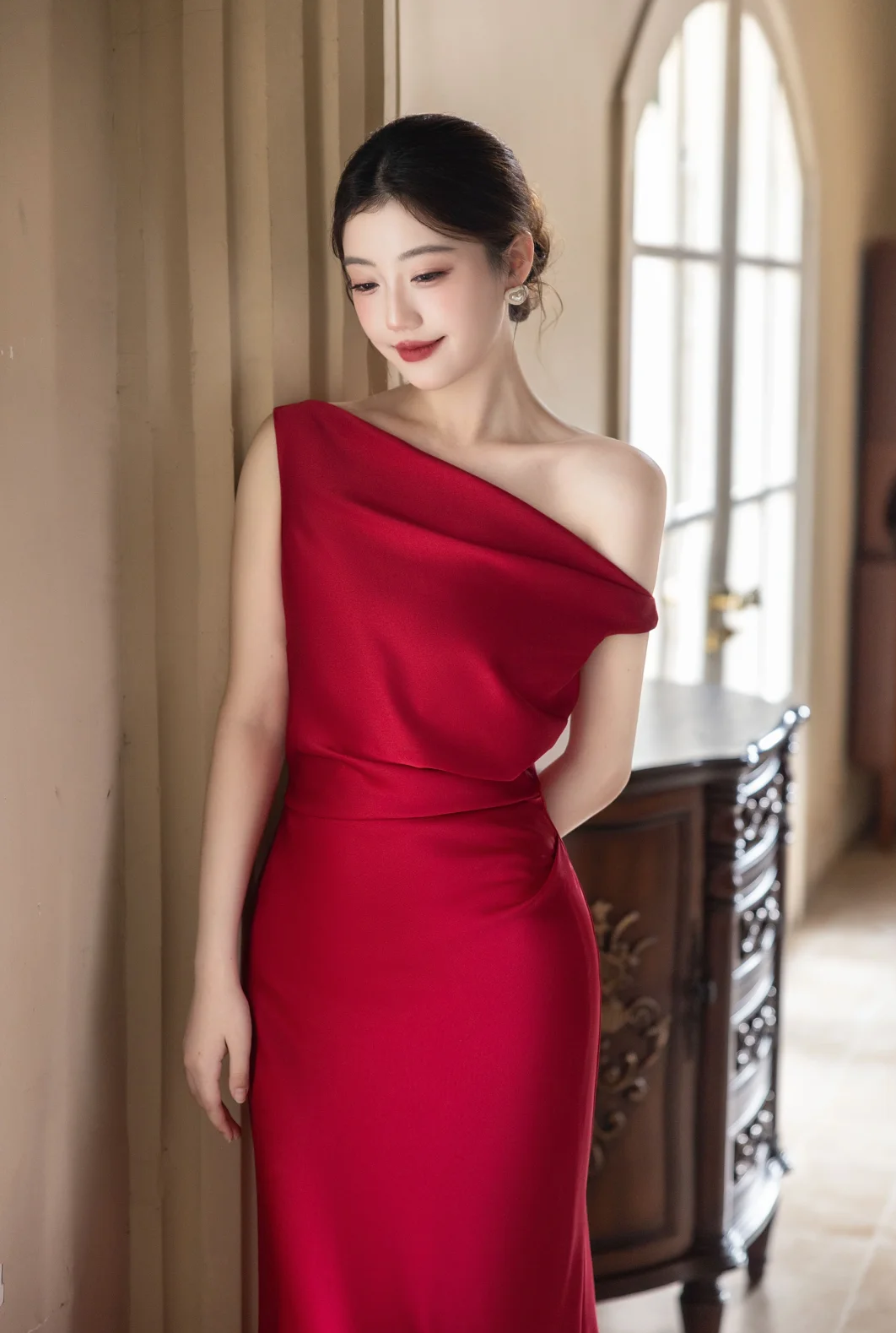 Classy Burgundy Mermaid Off The Shoulder Satin Long Prom Dress, Evening Dress C6176