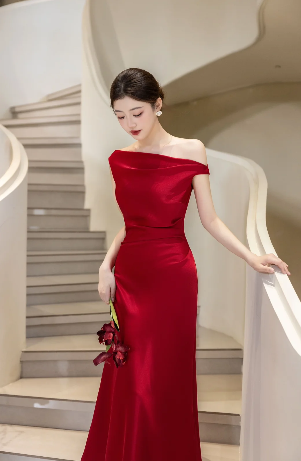 Classy Burgundy Mermaid Off The Shoulder Satin Long Prom Dress, Evening Dress C6176