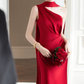 Chic Mermaid One Shoulder Burgundy Satin Long Prom Dress, Evening Dress C6178