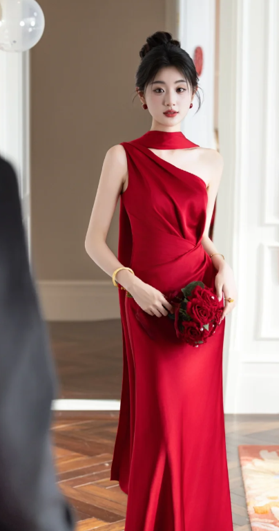 Chic Mermaid One Shoulder Burgundy Satin Long Prom Dress, Evening Dress C6178