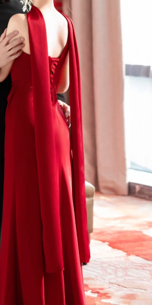 Chic Mermaid One Shoulder Burgundy Satin Long Prom Dress, Evening Dress C6178