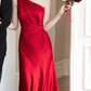 Chic Mermaid One Shoulder Burgundy Satin Long Prom Dress, Evening Dress C6178