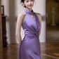 Elegant Mermaid Halter Pleated Satin Long Prom Dress, Evening Dress C6179