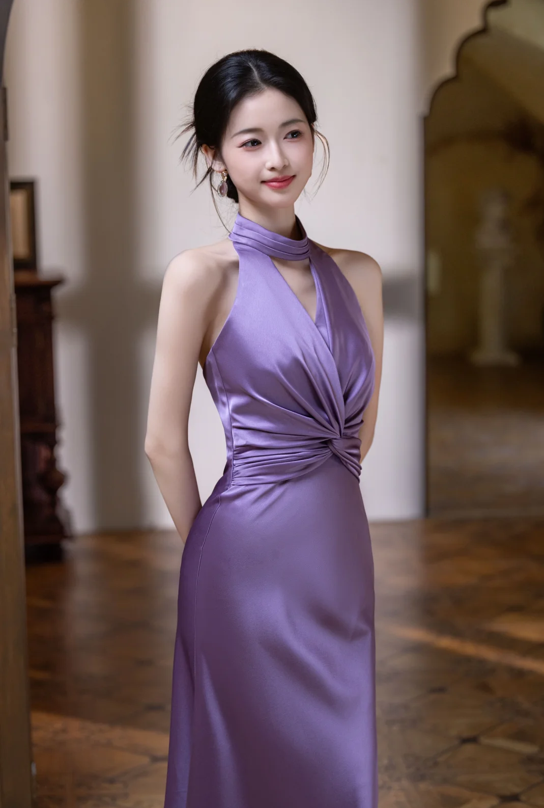 Elegant Mermaid Halter Pleated Satin Long Prom Dress, Evening Dress C6179
