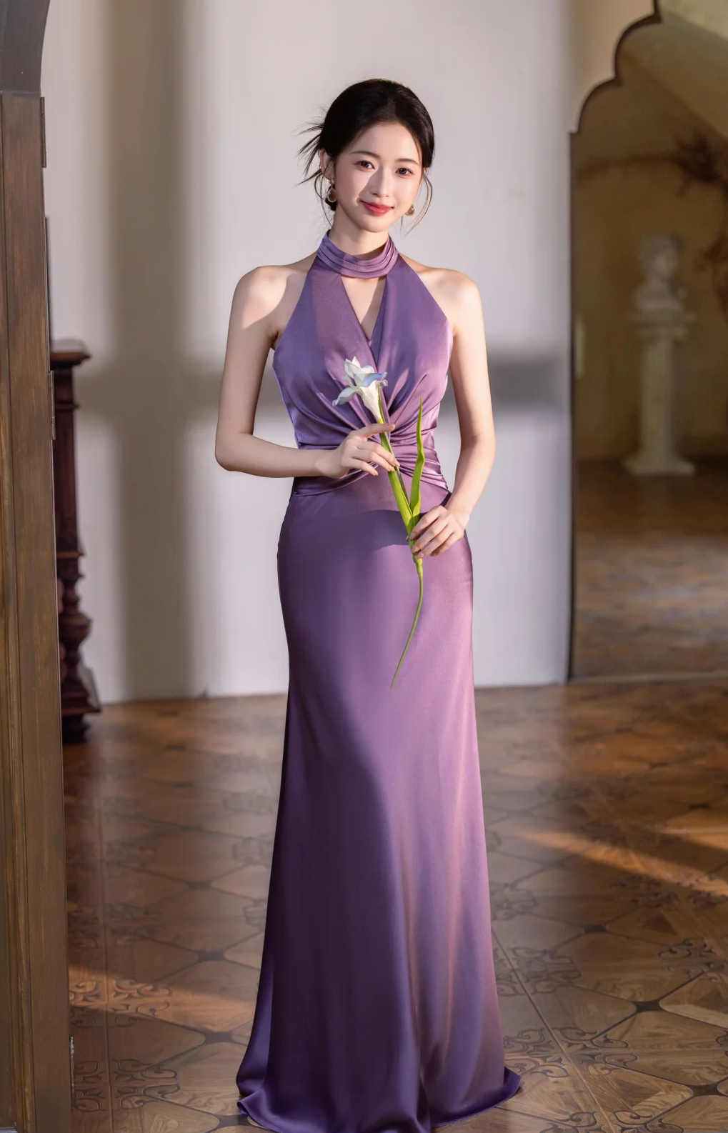 Elegant Mermaid Halter Pleated Satin Long Prom Dress, Evening Dress C6179