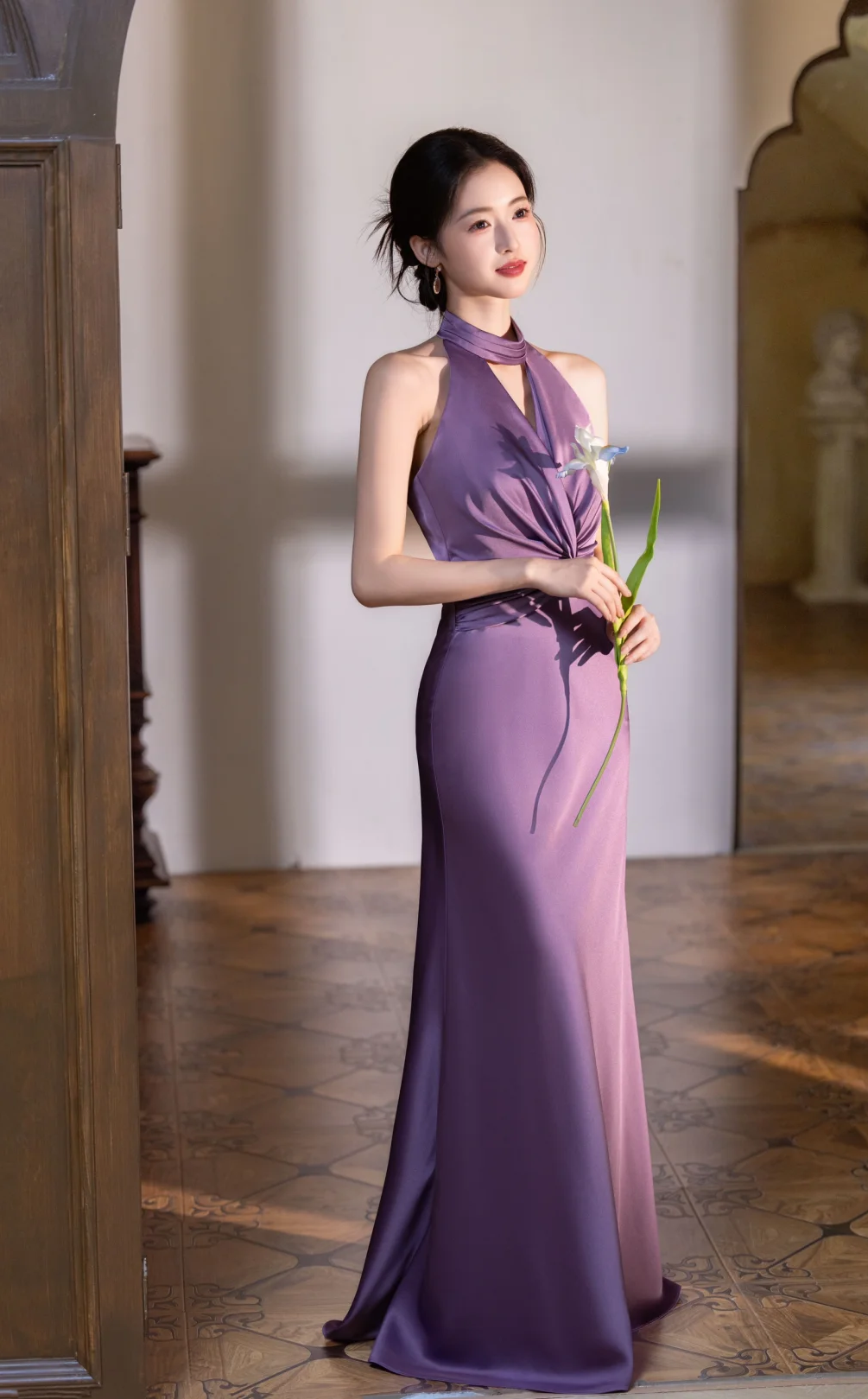 Elegant Mermaid Halter Pleated Satin Long Prom Dress, Evening Dress C6179