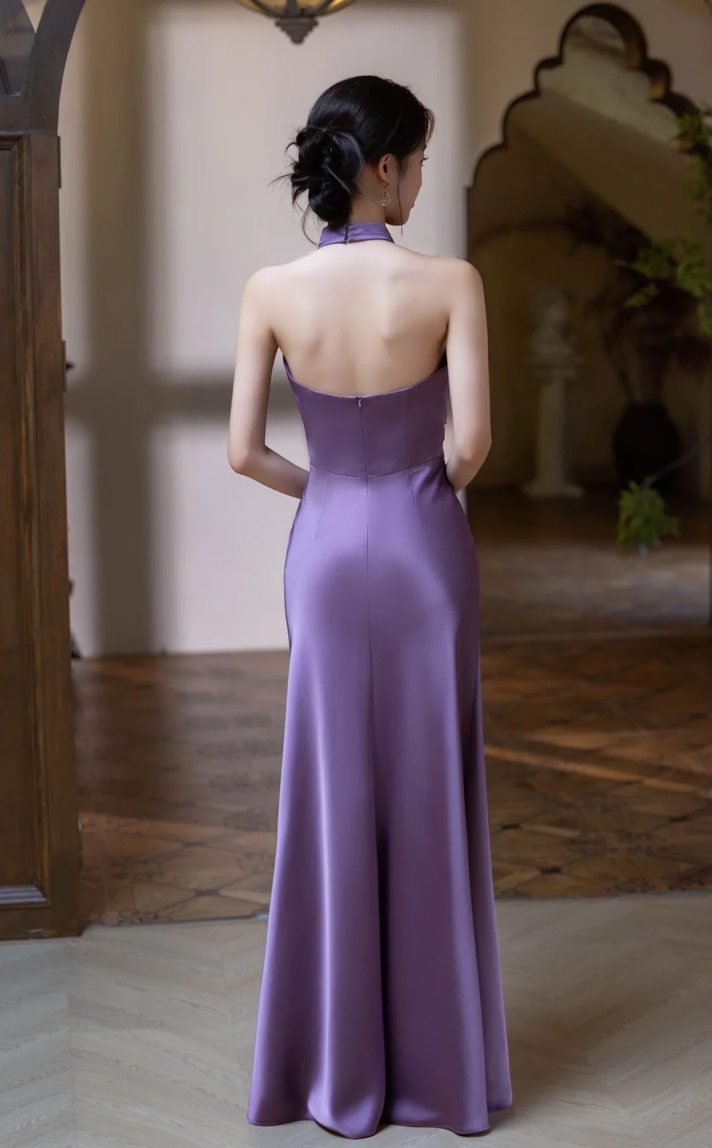 Elegant Mermaid Halter Pleated Satin Long Prom Dress, Evening Dress C6179