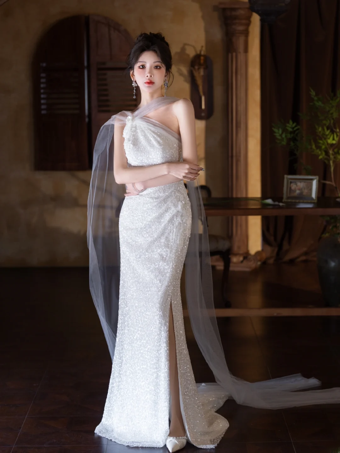 Shiny Mermaid One Shoulder Tulle Sequin Slit Long Prom Dress, Evening Dress C6180