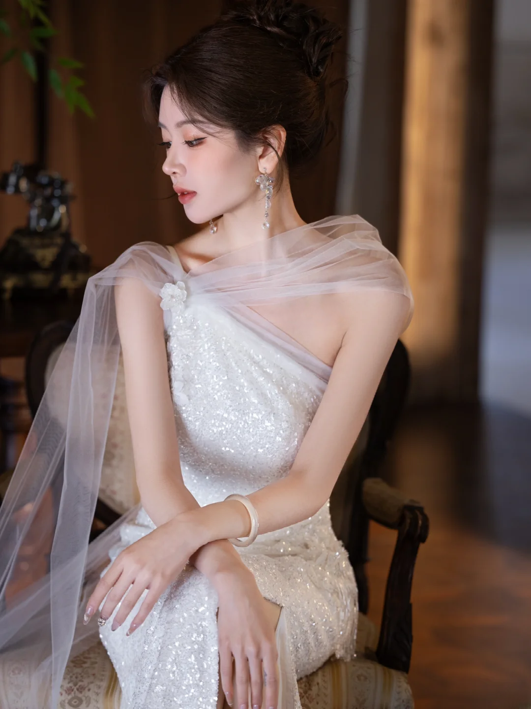 Shiny Mermaid One Shoulder Tulle Sequin Slit Long Prom Dress, Evening Dress C6180