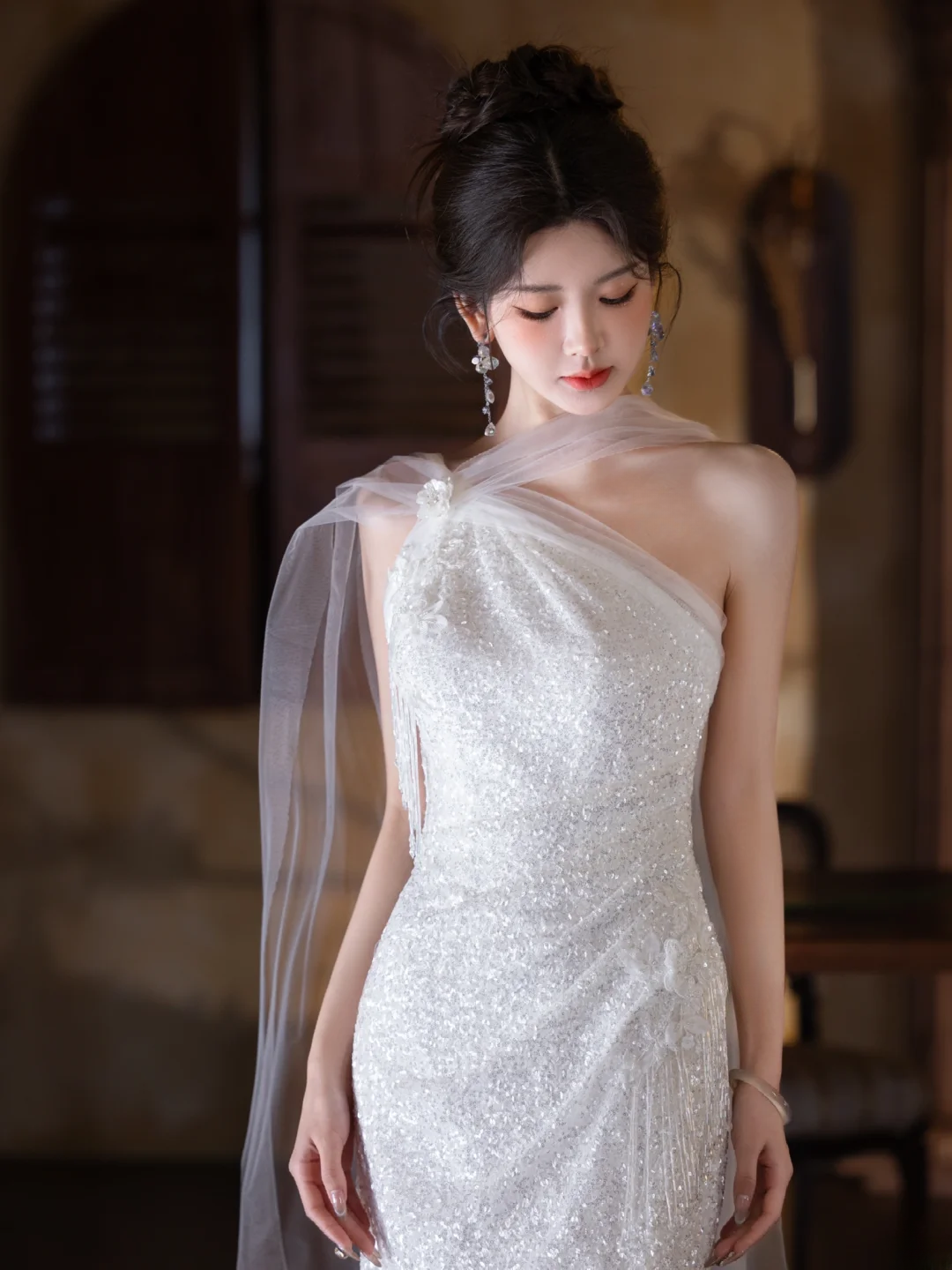 Shiny Mermaid One Shoulder Tulle Sequin Slit Long Prom Dress, Evening Dress C6180