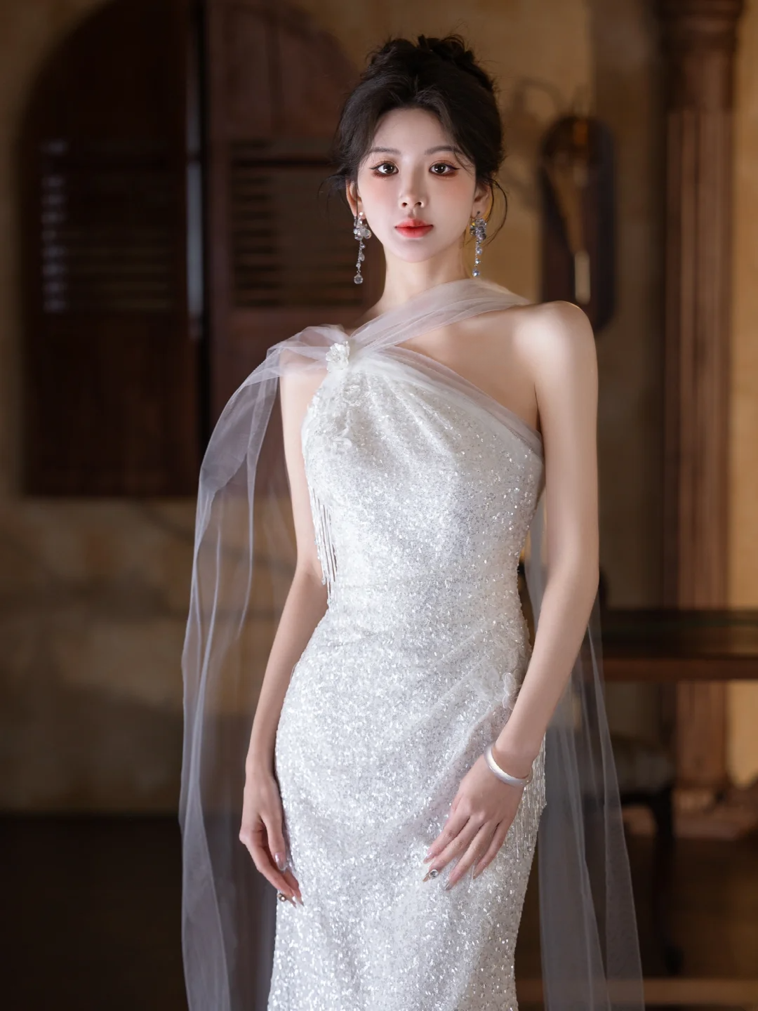 Shiny Mermaid One Shoulder Tulle Sequin Slit Long Prom Dress, Evening Dress C6180