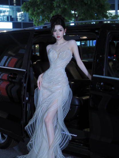 Romantic Mermaid Sweetheart Tulle Beaded Slit Long Prom Dress, Evening Dress C6181