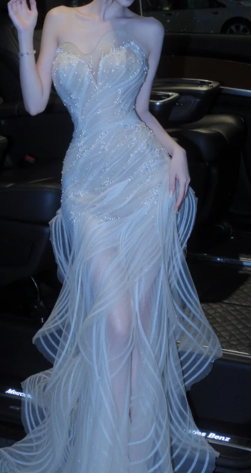 Romantic Mermaid Sweetheart Tulle Beaded Slit Long Prom Dress, Evening Dress C6181