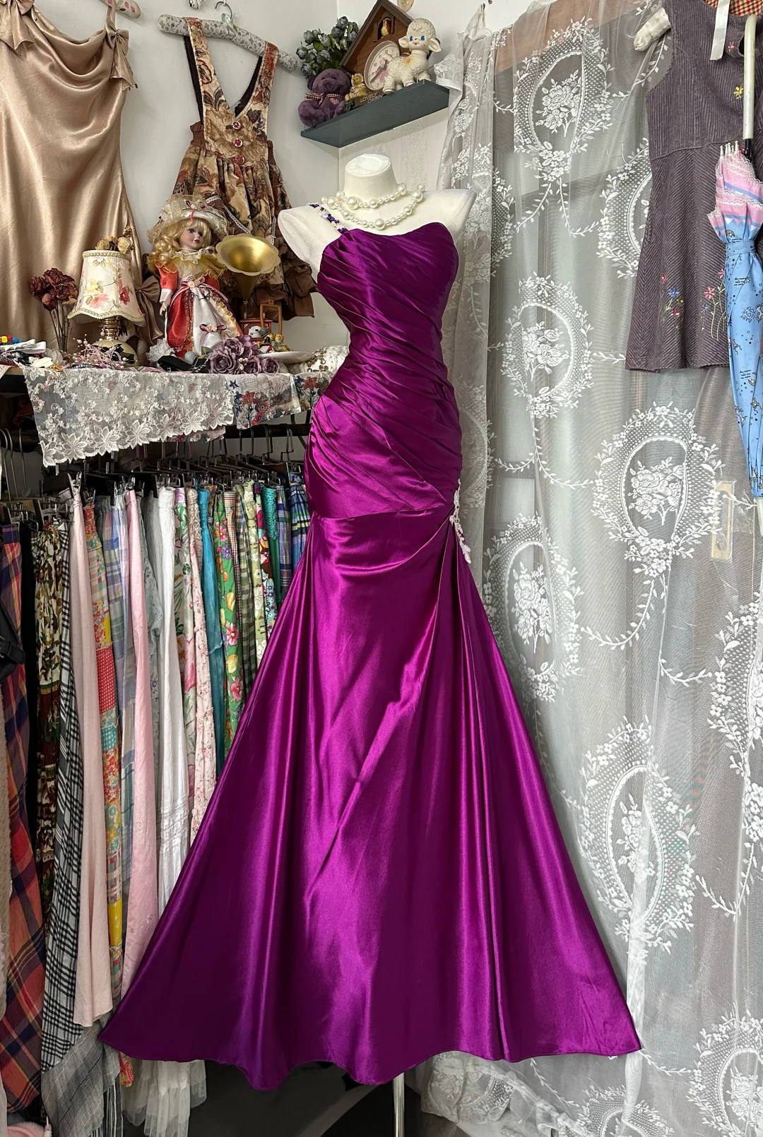 Chic Mermaid One Shoulder Pleated Satin Long Prom Dress, Evening Dress C6183