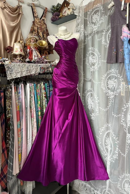 Chic Mermaid One Shoulder Pleated Satin Long Prom Dress, Evening Dress C6183