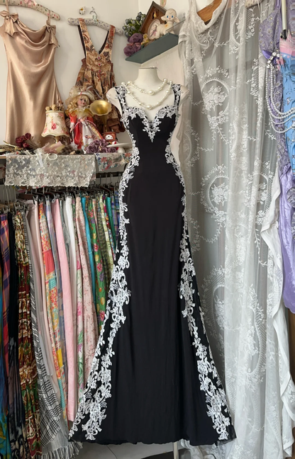 Pretty Mermaid Sweetheart Black Satin Lace Long Prom Dress, Evening Dress C6185
