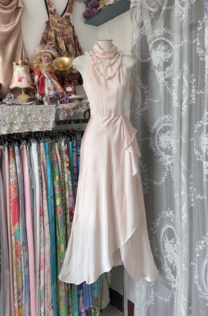 Sweet Pink Halter A Line Satin Long Prom Dress, Evening Dress C6190