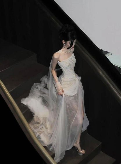 Shiny Pretty Mermaid Strapless Tulle Sequin Long Prom Dress, Evening Dress C6191