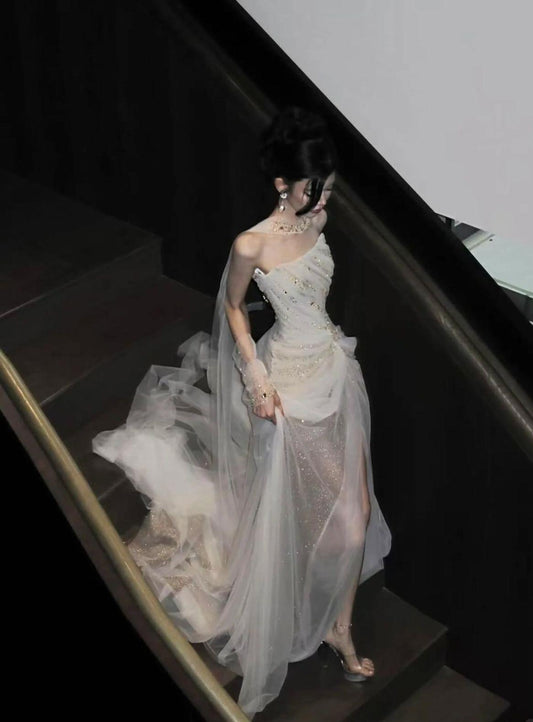 Shiny Pretty Mermaid Strapless Tulle Sequin Long Prom Dress, Evening Dress C6191